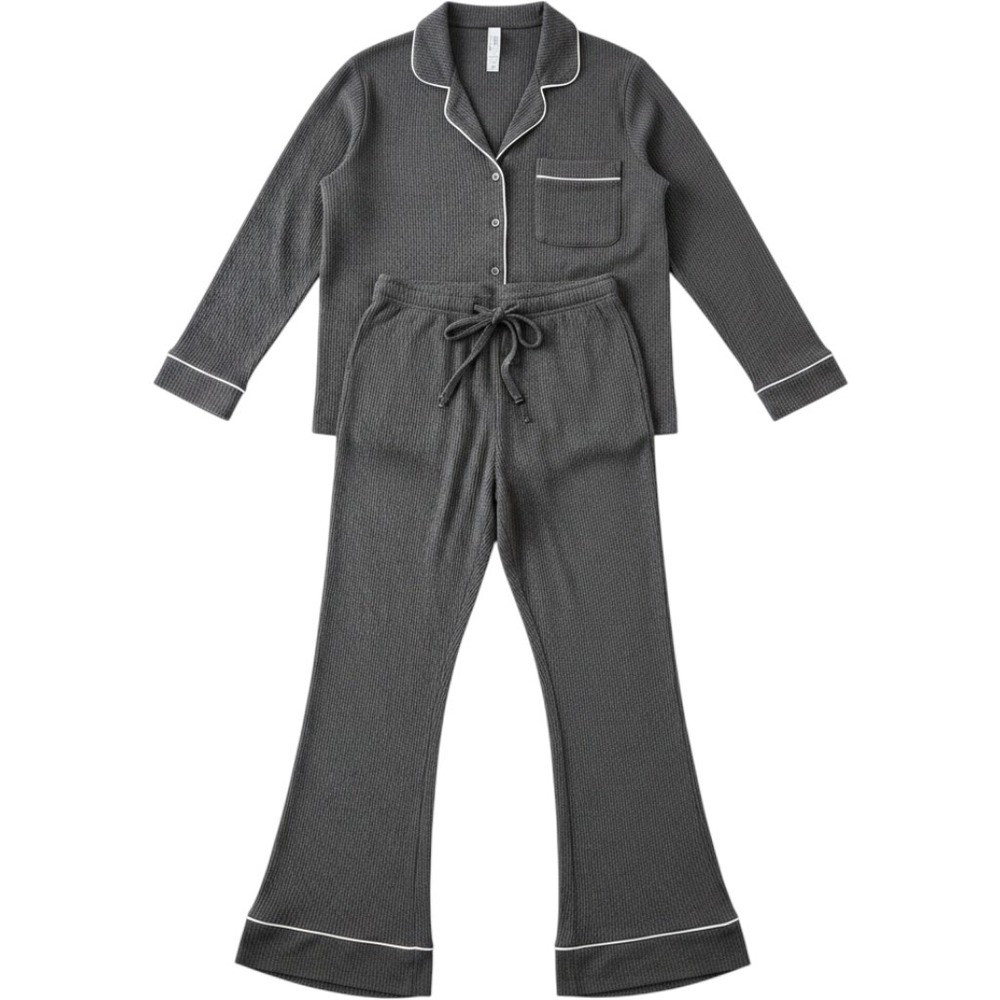 Eberjey Gisele Waffle Long PJ Set Charcoal Heather Grey Pajamas Small